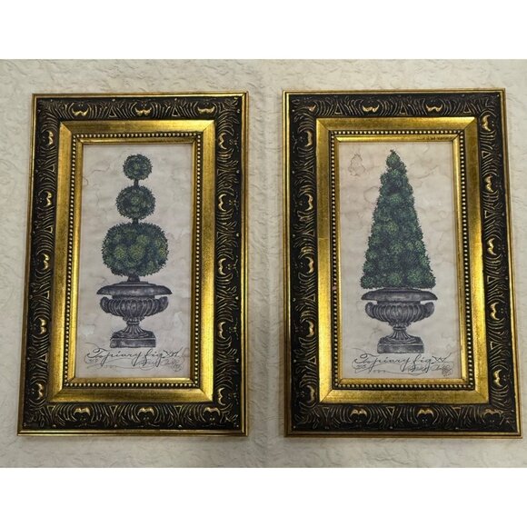 Limited Edition Topiary Fig prints by Kathryn Clarke Gold & Black Frames Vintage - Picture 1 of 12